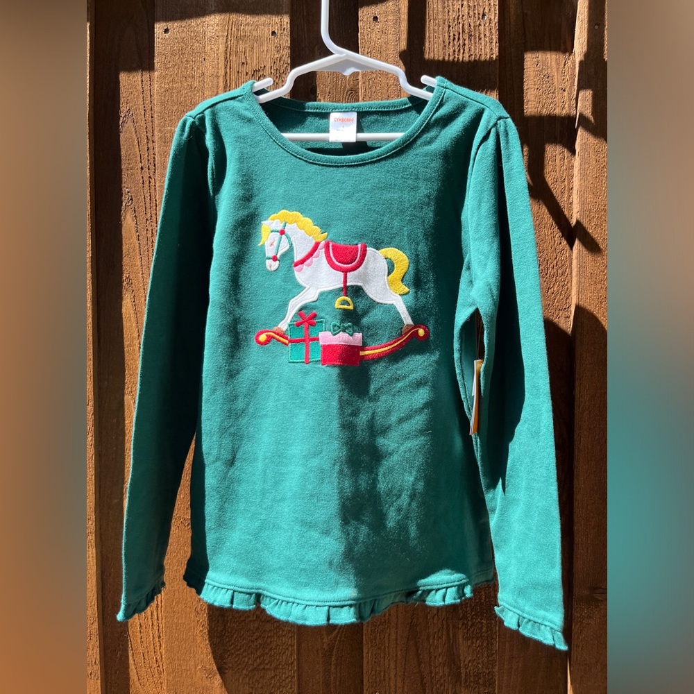 Gymboree Girls Long Sleeve Tee Green Size 8 Rocking Horse Appliqué NWT Holiday